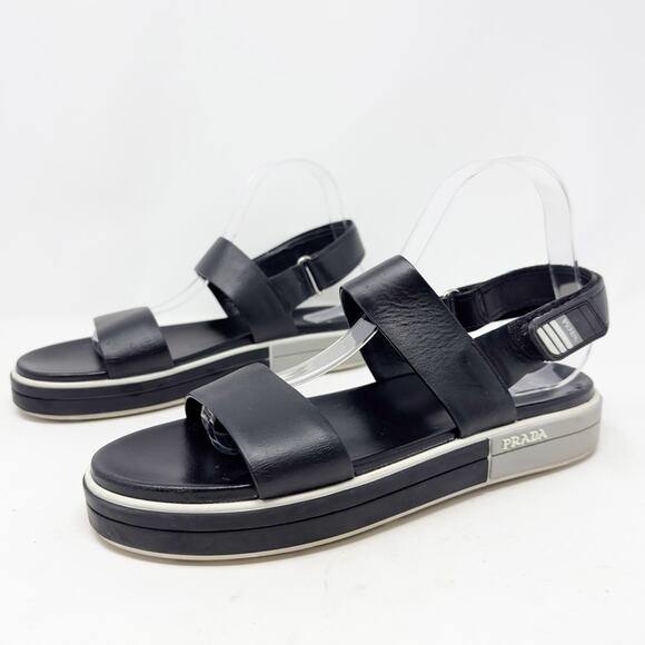 Prada Logo Embossed Rubber Trimmed Leather Sandals in Black - Picture 3 of 15